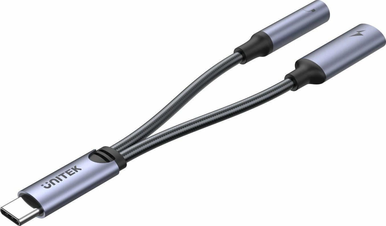 Adapter Unitek M205A USB-C në Jack 3.5mm + USB-C, PD 60W, argjendtë