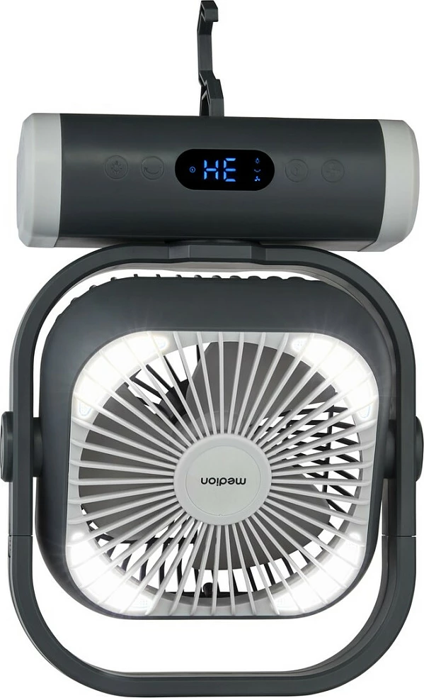 Ventilator kampingu Medion LIFE E10 TF (MD 12065), bateri 10000 mAh, LED, me telekomandë, gri/bardhë