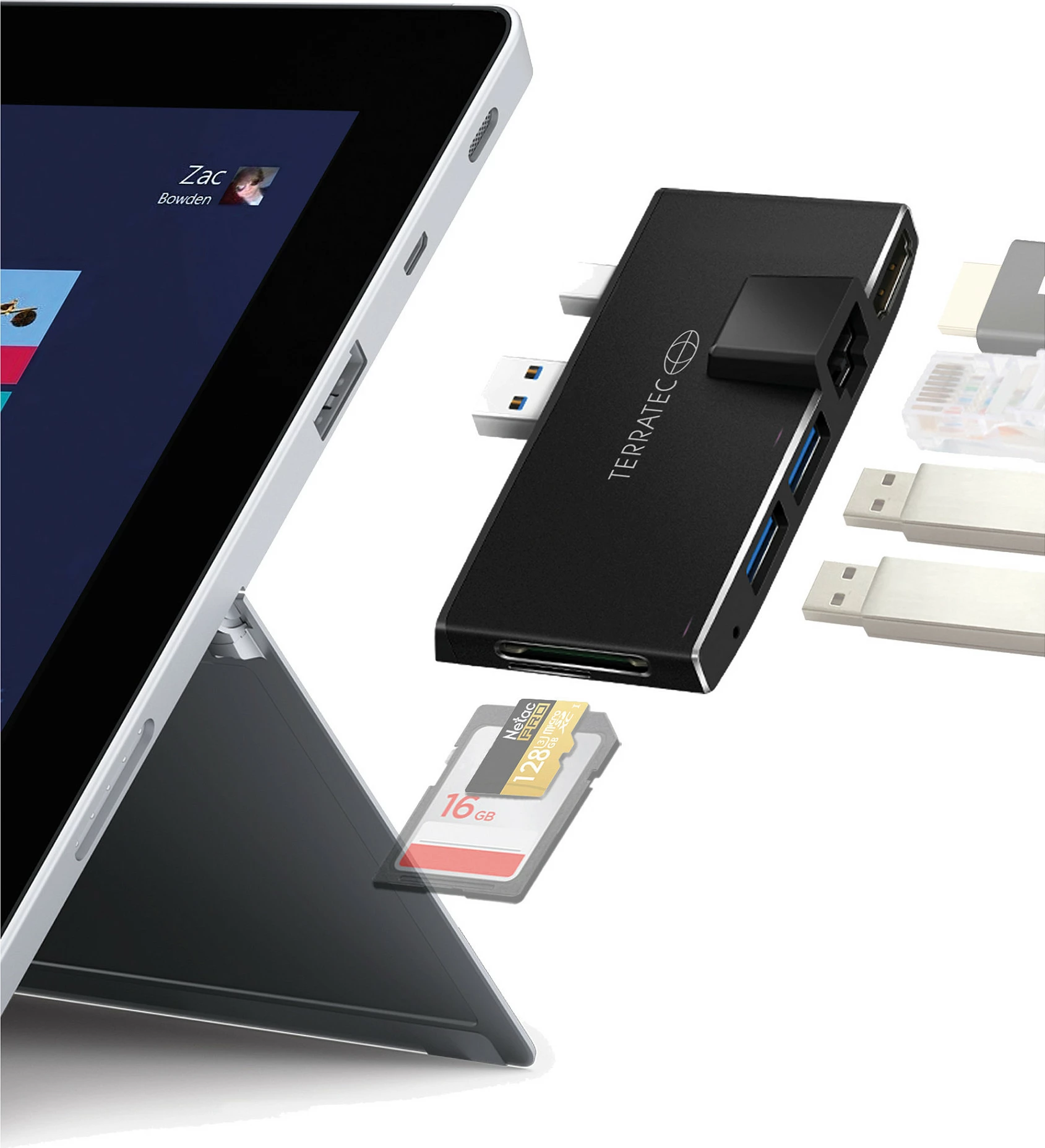 Adapter TerraTec Surface Adapter Connect Pro2, HDMI 4K, LAN Gigabit, 2x USB 3.2, lexues SD/microSD, i zi