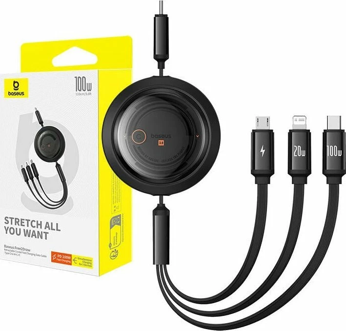 Kabllo USB Baseus Free2Draw BSU4920, USB-C në USB-C + microUSB + Lightning, 1.1 m, 100W, e zezë