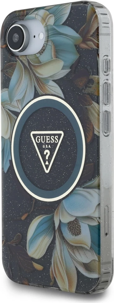 Mbështjellës Guess IML Metal Glitter Flowers Triangle MagSafe për iPhone 16e, zi