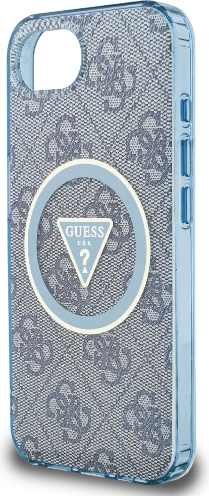 Mbështjellës Guess IML Metal Glitter 4G Circle Triangle MagSafe për iPhone 16e, Blu