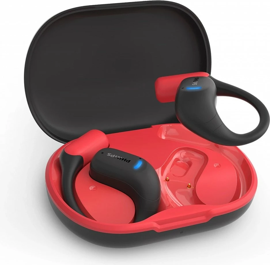 Kufje pa tela TWS, Philips TAA6709BK/00, open-ear sport me varëse mbi vesh, Bluetooth 5.4, IP55, deri 28h, USB‑C, e zezë/kuqe