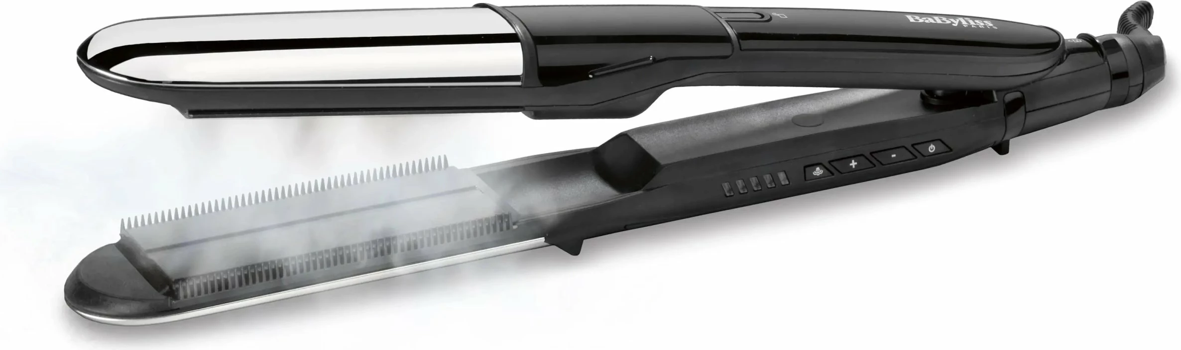 Hekur për flokë me avull BaByliss Steam Shine Styler ST496E, pllaka diamant-keramike 39 mm, jonizim, 230°C, e zezë, set me krehër të heqshëm + mat rezistent në nxehtësi