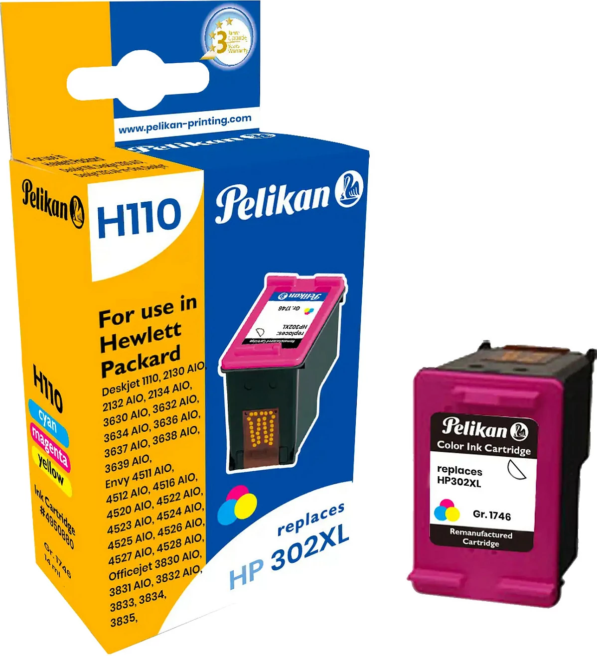 Kartrixhe tinte Pelikan H110, kompatibile me HP 302XL (F6U67AE), ngjyra C/M/Y