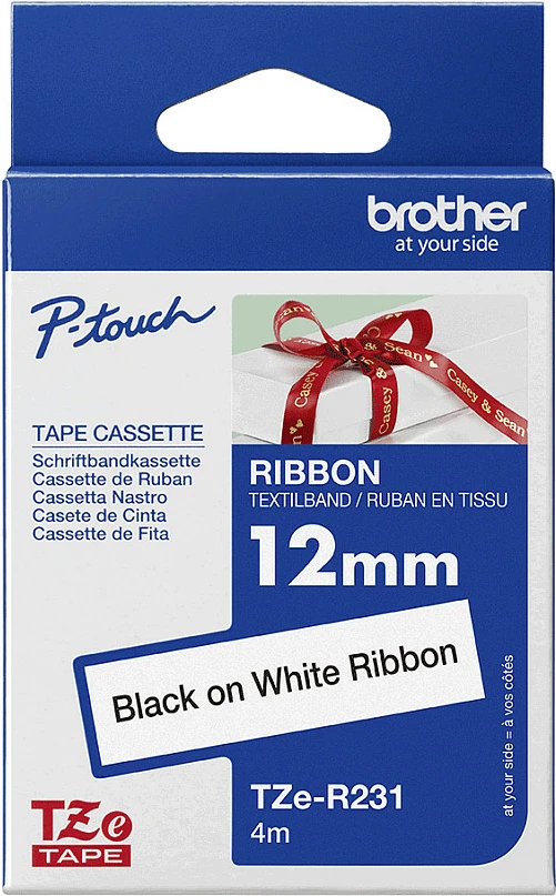 Kasetë shirit etikete Brother TZe-R231, 12 mm x 4 m, e zezë mbi të bardhë