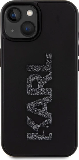 Mbështjellës Karl Lagerfeld 3D Rubber Glitter Logo për iPhone 15, i zi