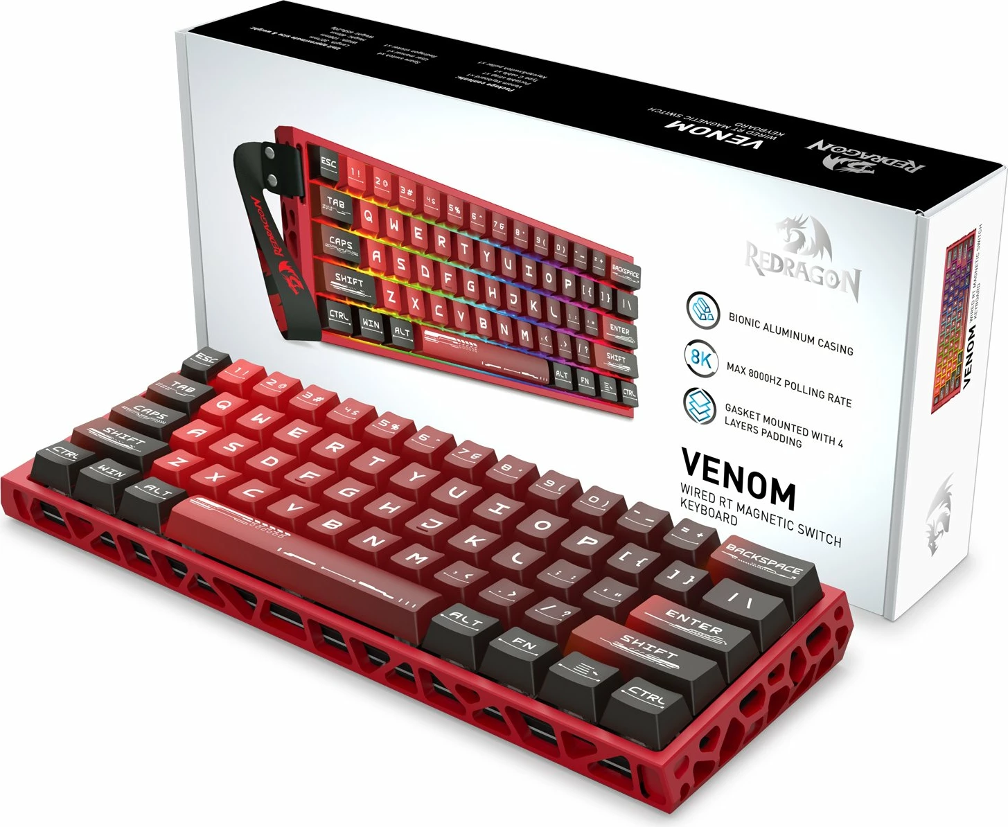 Tastierë gaming Redragon Venom K753-RGB-M 60% (61 taste), magnetic Next-GEN UltraMag, Rapid Trigger, RGB, USB-C, US layout, e kuqe
