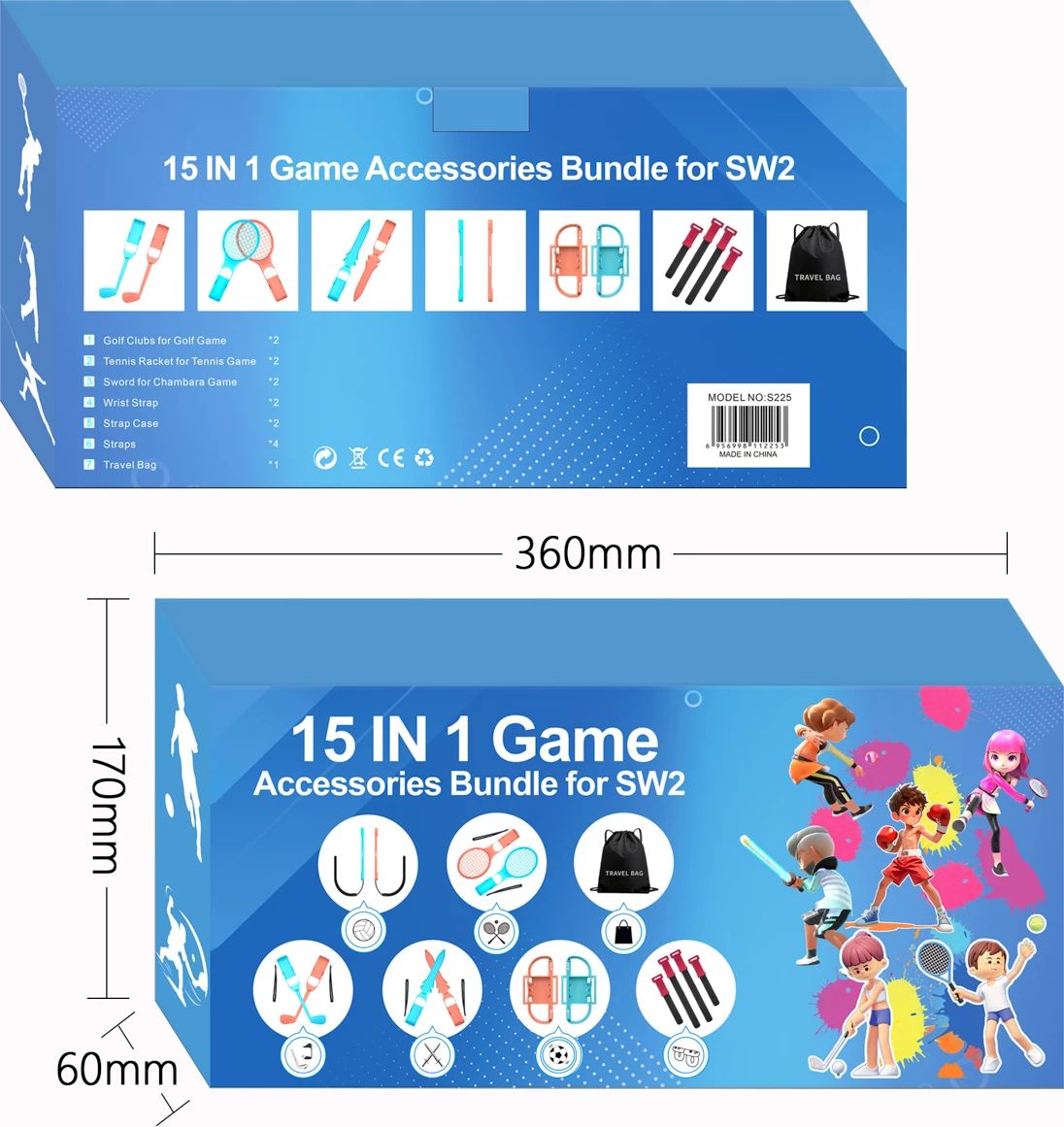 Set aksesorësh lojërash sportive për Nintendo Switch 2, Hurtel, Family Accessory Pack 2 15-in-1, me çantë udhëtimi, portokalli dhe kaltër, set 15 copë