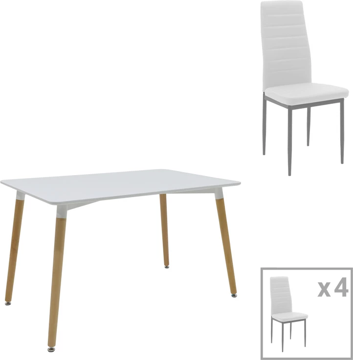 Set tavoline me karrige Natali-Parker, 5 copë, MDF e bardhë, këmbë natyrale, 120x80x76cm