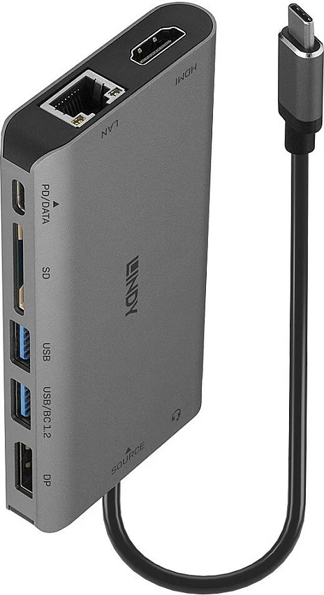 Mini docking stacion USB-C Lindy DST-Mini XT, 4K, 100W PD, Gigabit LAN, SD, HDMI/DP, zi/gri