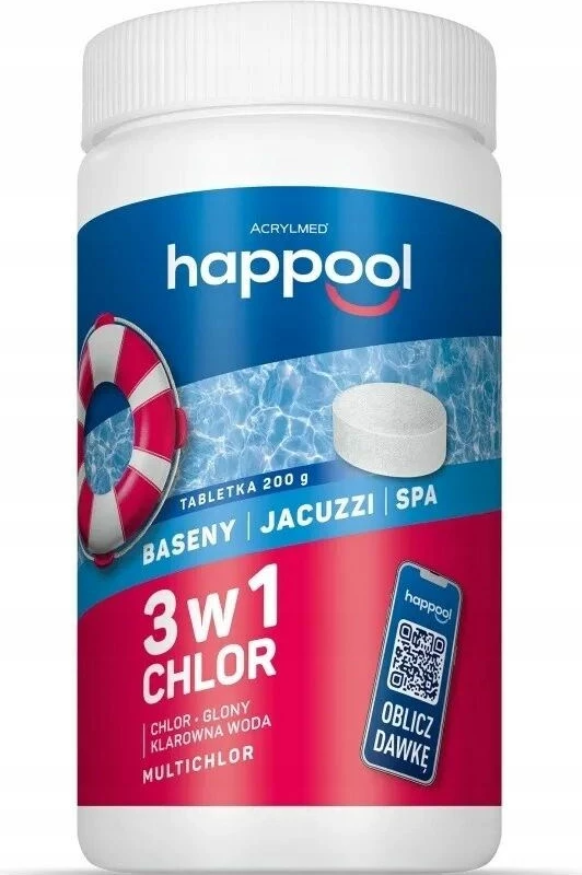 Tableta klori multifunksionale Acrylmed Happool, 1 kg, për pishina, jacuzzi dhe spa