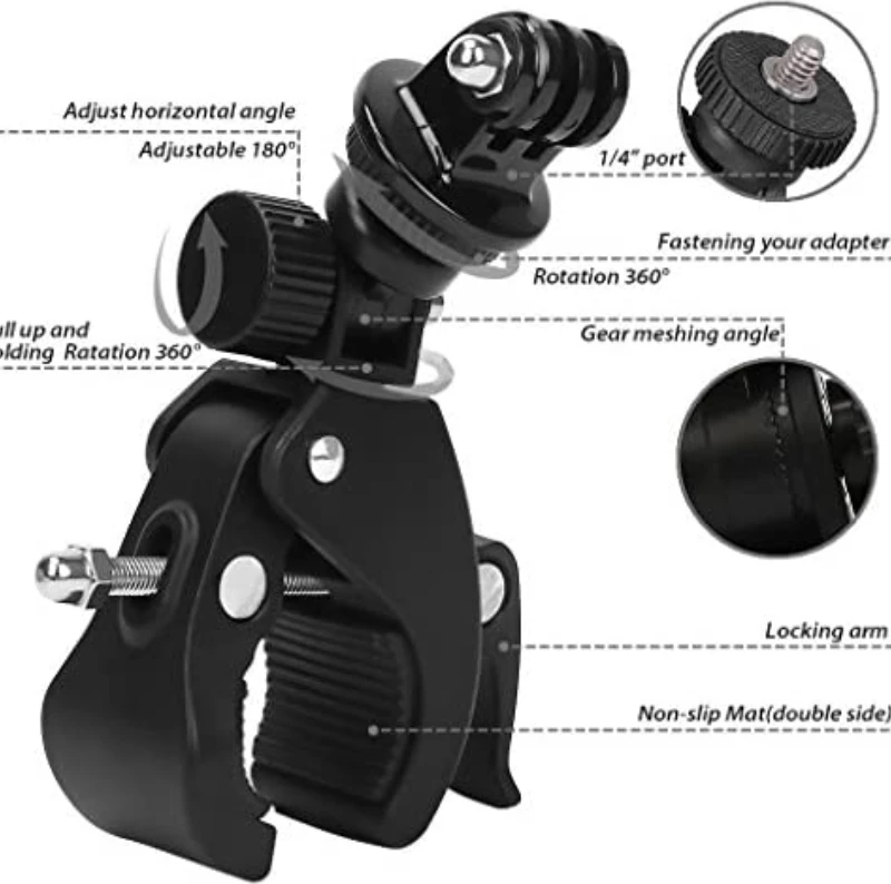 Mbajtës kamerë sportive biçiklete, Hurtel, rrotullim 360°, montim universal, rezistent ndaj vibrimeve, e zezë