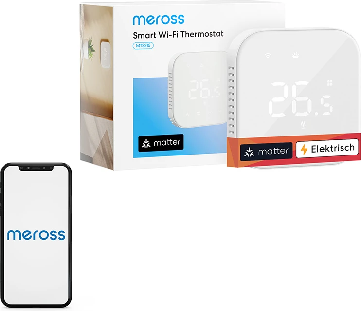 Termostat inteligjent Meross MTS215MA-EU Wi-Fi Matter për ngrohje elektrike dyshemeje, i bardhë, set me sensor