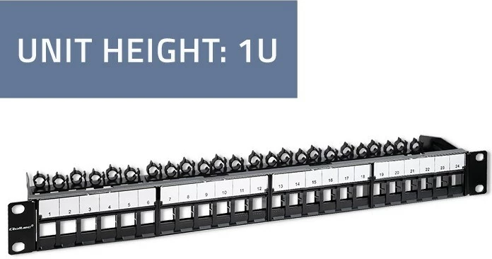 Patch panel Qoltec 54516 për rack 19", 24 porta, 1U, UTP, e zezë