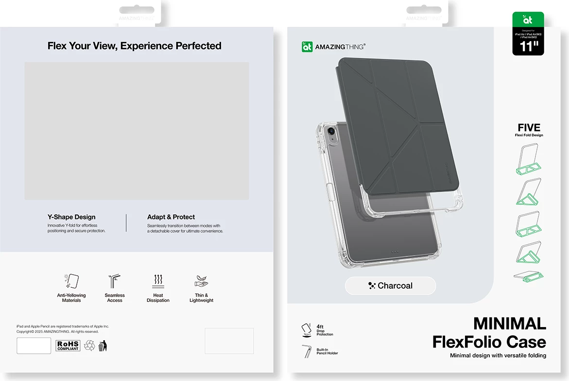 Mbështjellës tablet AmazingThing Minimal Case për iPad Air 11" M3 (2025), kapak folio me qëndrim, mbajtës Apple Pencil, panel i pasmë transparent, i zi