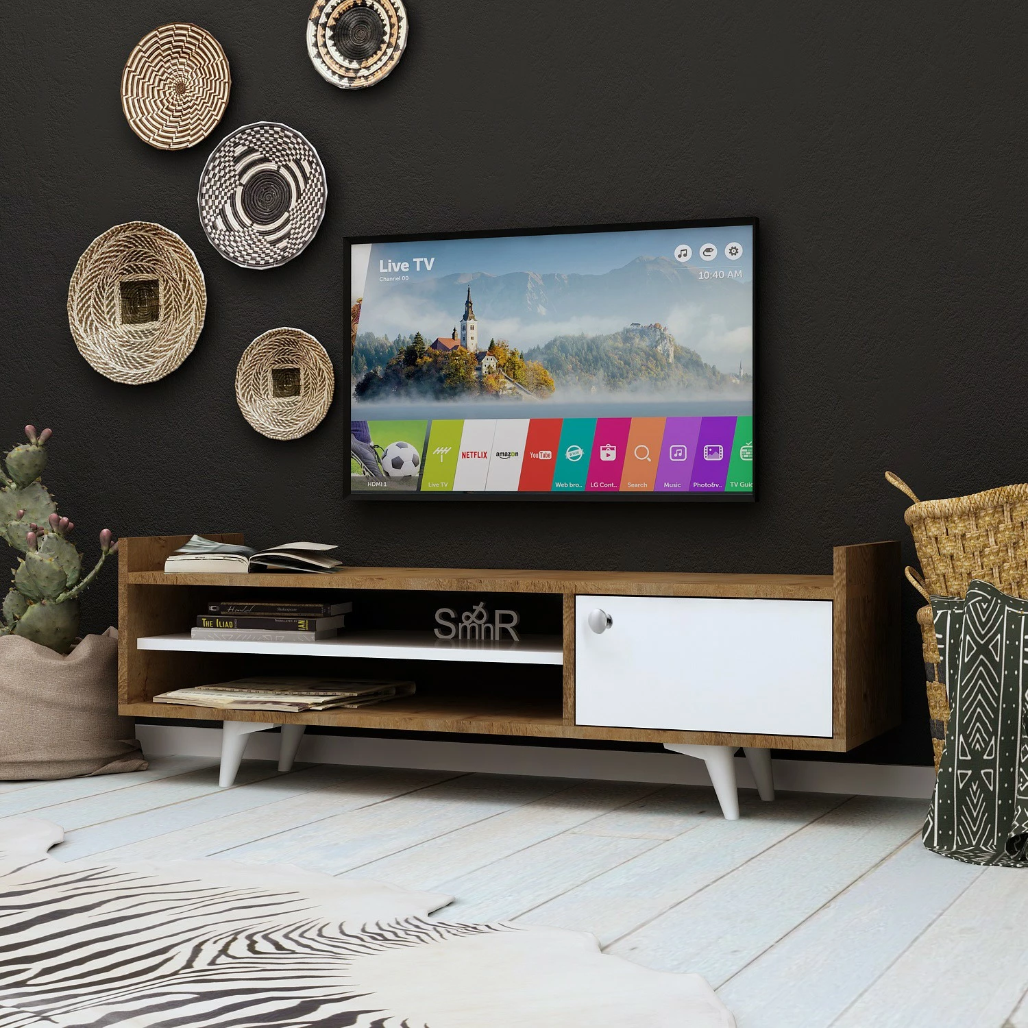 Komodë TV Hanah Home, Ticaba, ngjyrë lis dhe e bardhë, 120x47x35 cm