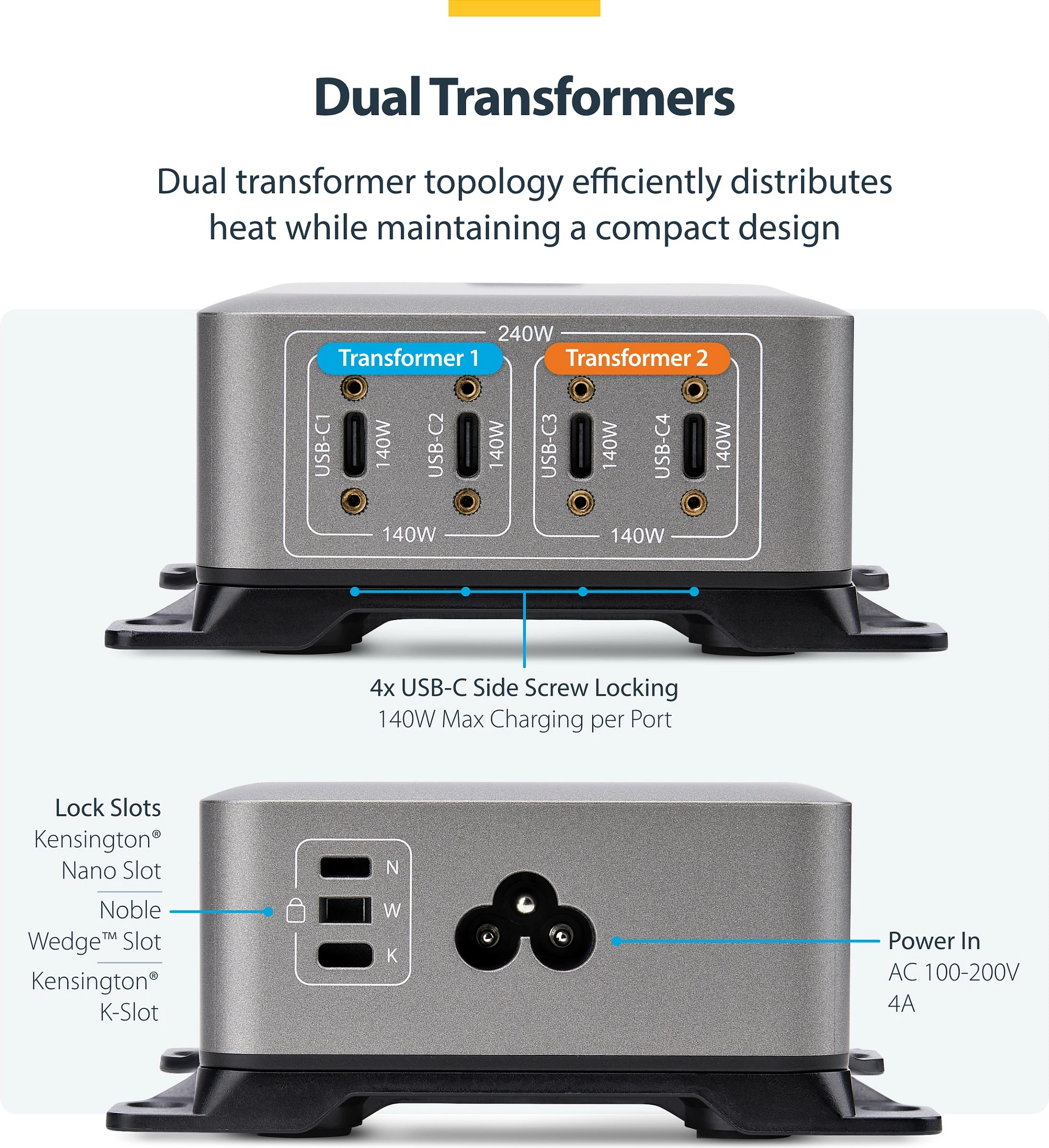Karikues USB-C StarTech 4-Port 240W PD 3.1 GaN, 140W EPR, 1.8 m, gri