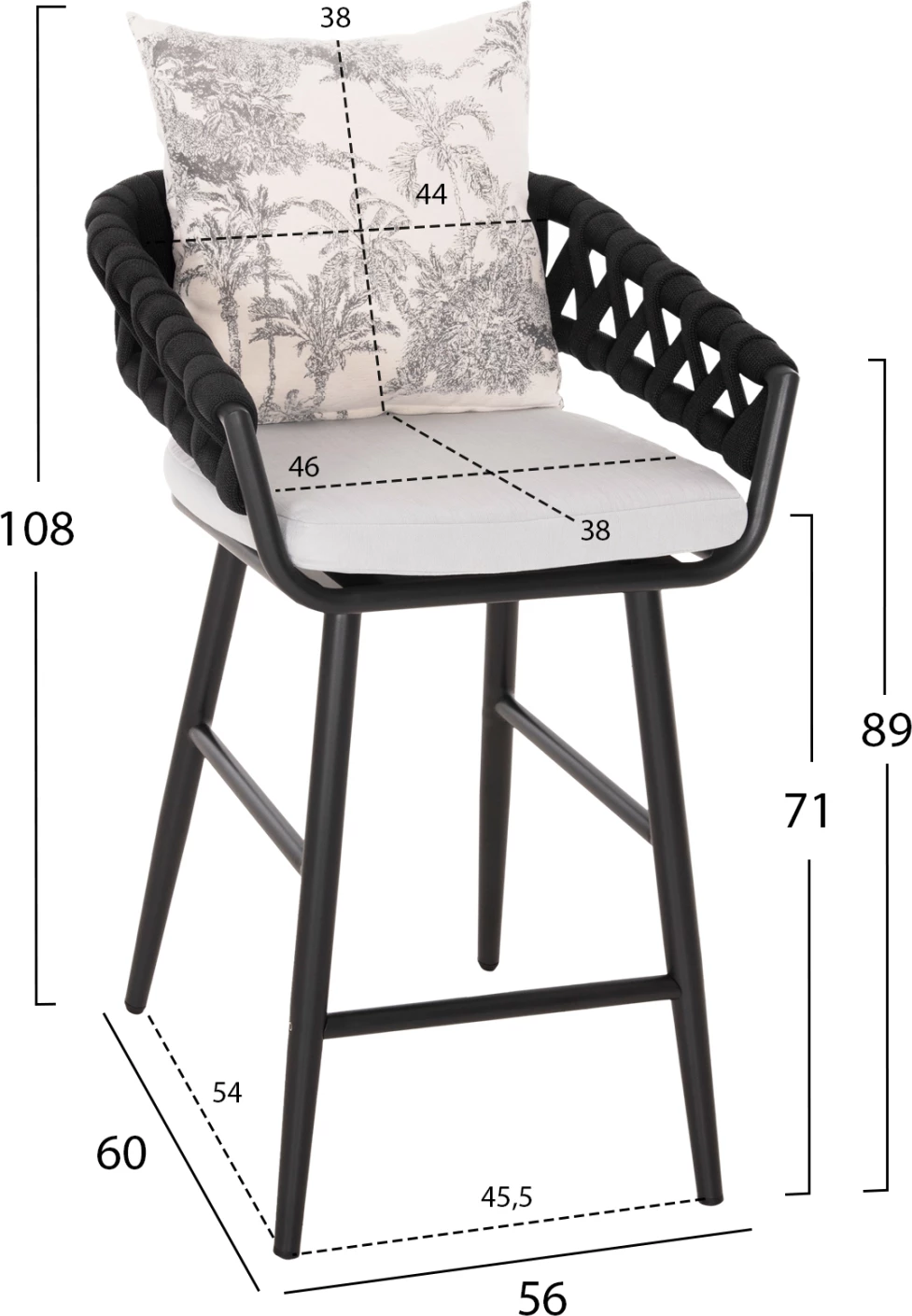 Karrige për bar alumini CAMDEN FH6142.01, ngjyrë antracit, me jastëk mbrapa ecru me dizajn print, 56x60x108H cm