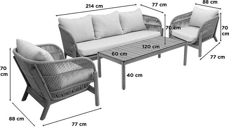 Set lounge për jashtë Verilan, dru akacie, litar dhe jastëkë bezhë