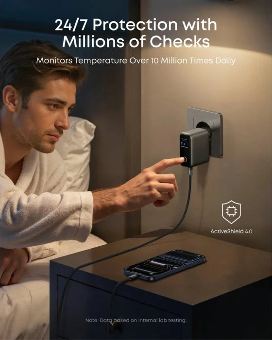 Karikues ANKER B121BGZ1 100W GaN me ekran smart, 3 porta (2x USB-C, 1x USB-A), gri e errët