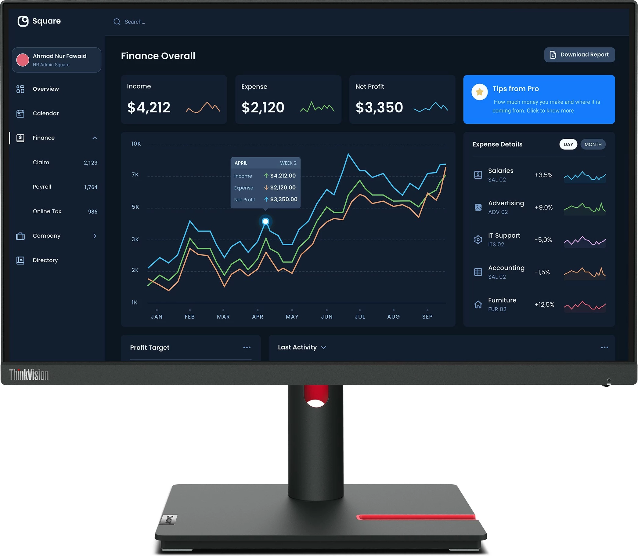 Monitor Lenovo ThinkVision T22i-30, 54.6 cm (21.5"), 1920 x 1080 pixels, Full HD, LED, 6 ms, E zezë