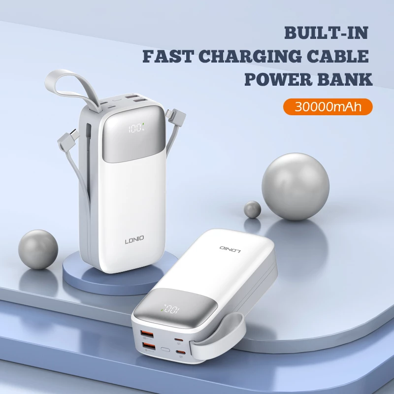 Power bank LDNIO PQ30 30000mAh 22.5W me kabllo të integrume USB-C/Lightning, 2 porta USB, e bardhë