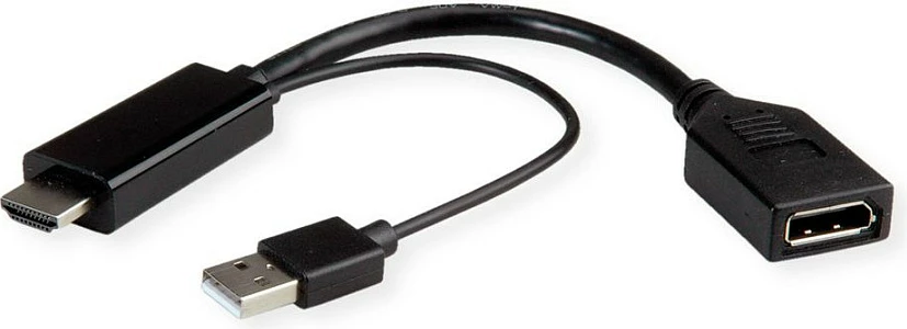 Adapter kabllo ROLINE 12.03.3147, HDMI+USB në DisplayPort, 0.15 m, 4K@60Hz, i zi