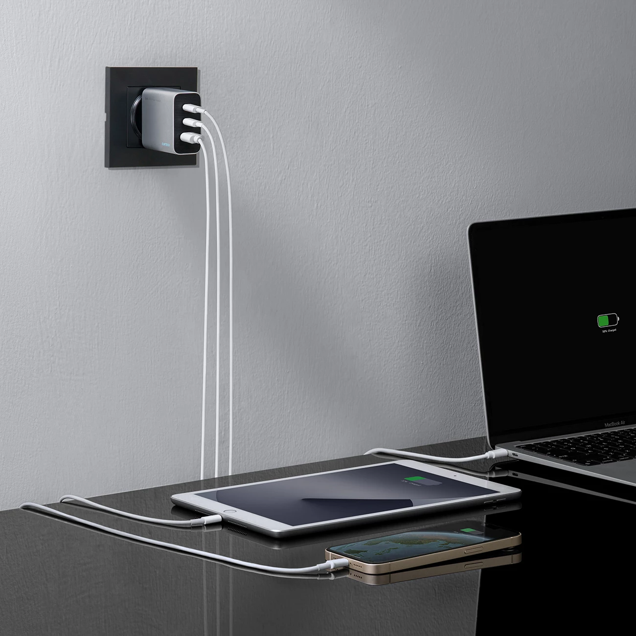 Karikues muri GaN, Cuktech, A15C-EU, 65W 2xUSB-C + 1xUSB-A, prizë EU, pa kabllo, gri