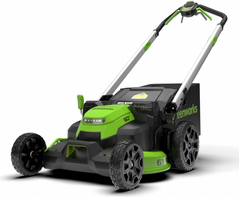 Kositëse bari me bateri Greenworks GD60LM61KX4 60V, 61 cm, dy tehë, vetëlëvizëse, 3-në-1, qese 65 L, LED, jeshile/zezë, set (pa bateri)