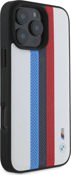 Mbështjellës BMW M Performance Tricolor Stripes për iPhone 16 Pro Max, MagSafe, i bardhë