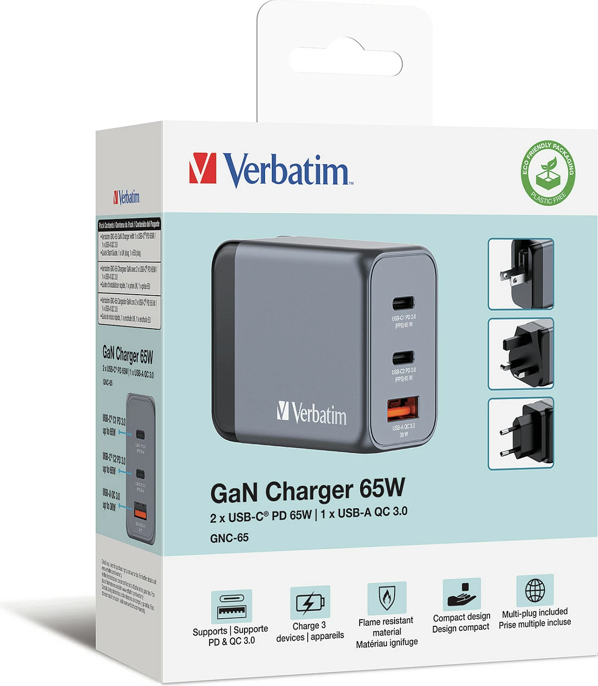 Karikues muri Verbatim GNC-65 GaN, 65W, 2x USB-C PD (PPS) + 1x USB-A QC 3.0, EU/UK/US, zi/gri