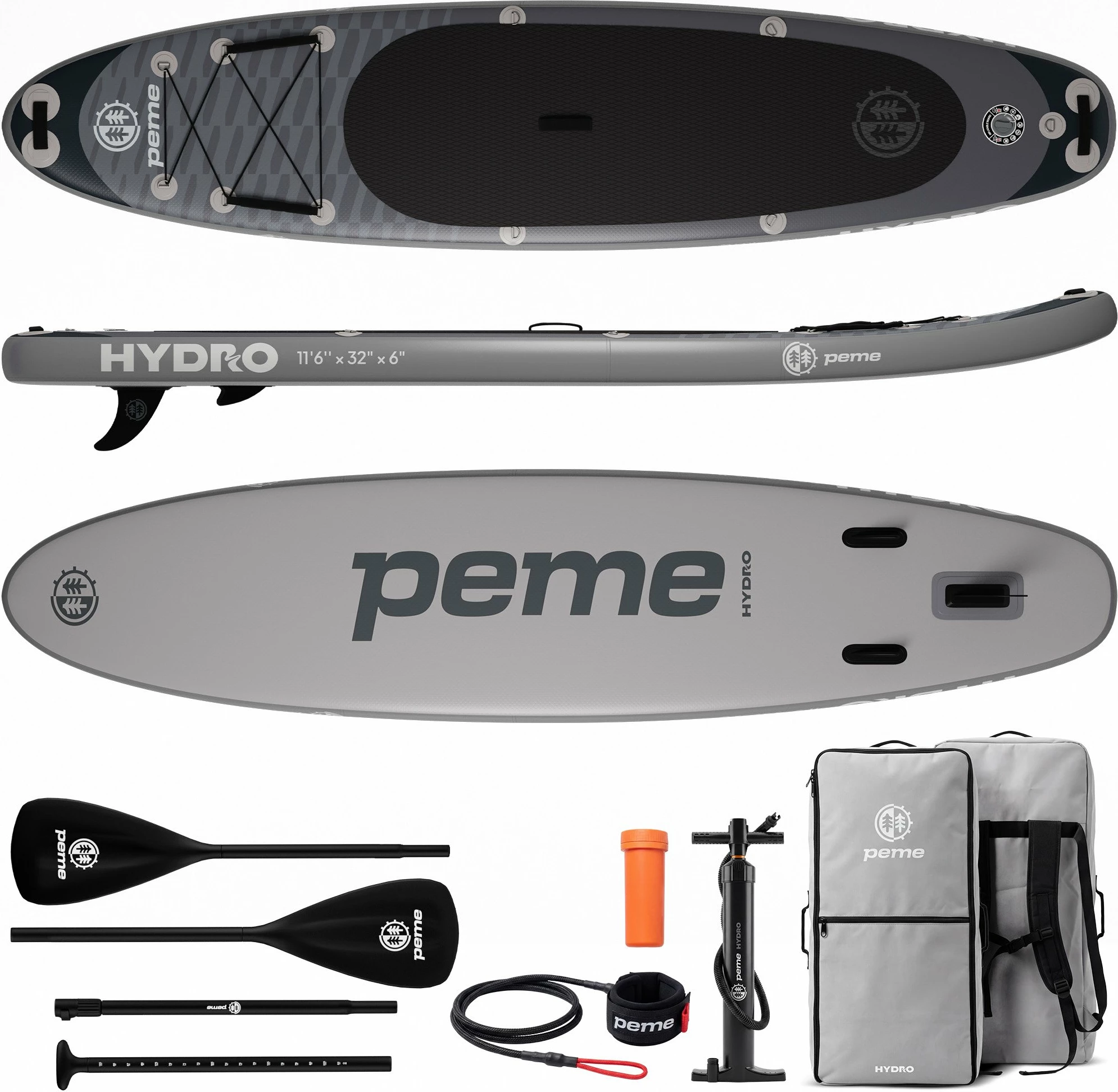 Dërrasë SUP me fryrje Peme Hydro 350x81x15 cm, kapacitet 166 kg, set aksesorësh, gri