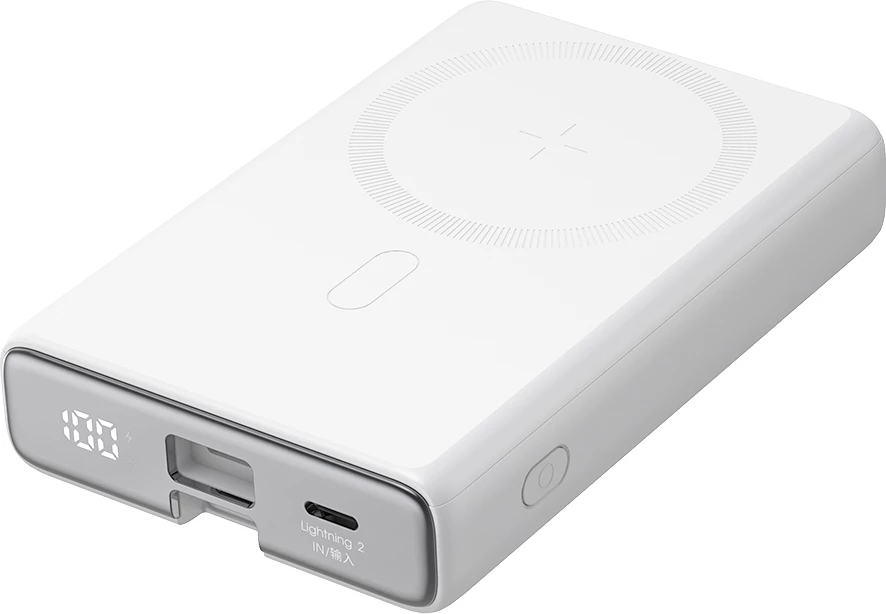 Powerbank Joyroom JR-PBM01, 10000mAh, 20W, me magnet, me këmbë, me kabllo Lightning-USB-C, Bardhë