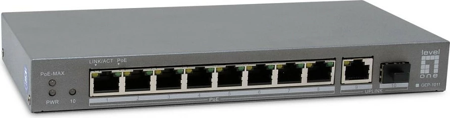Switch Level One PoE+ 8x Gigabit, 1x Gigabit Uplink, 1x SFP, 120W, unmanaged, plastik, i zi