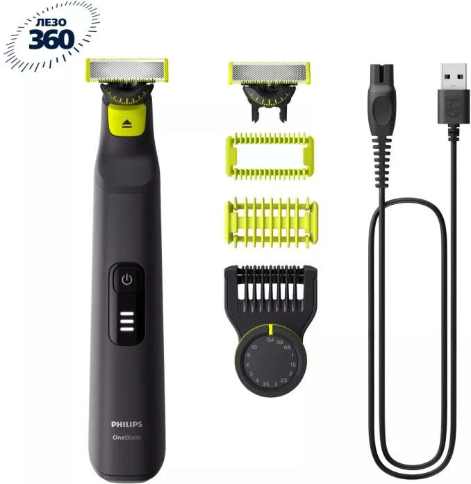 Makinë rroje Philips OneBlade Pro QP6542/15 Face & Body, trimmer i rregullueshëm, i rikarikueshëm me USB, tregues baterie LED, e zezë/jeshile