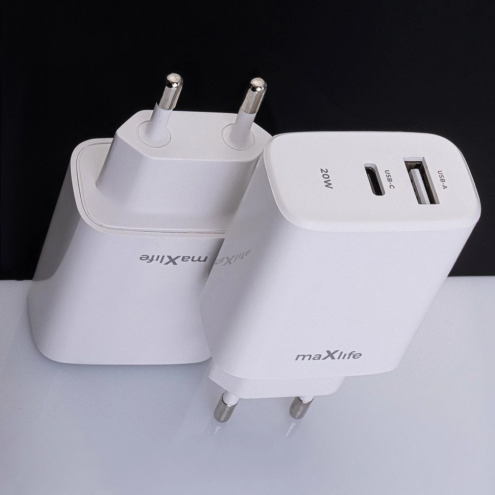 Adapter karikimi Maxlife MXTC-10-20AC 20W PD QC, 1x USB-C + 1x USB, i bardhë