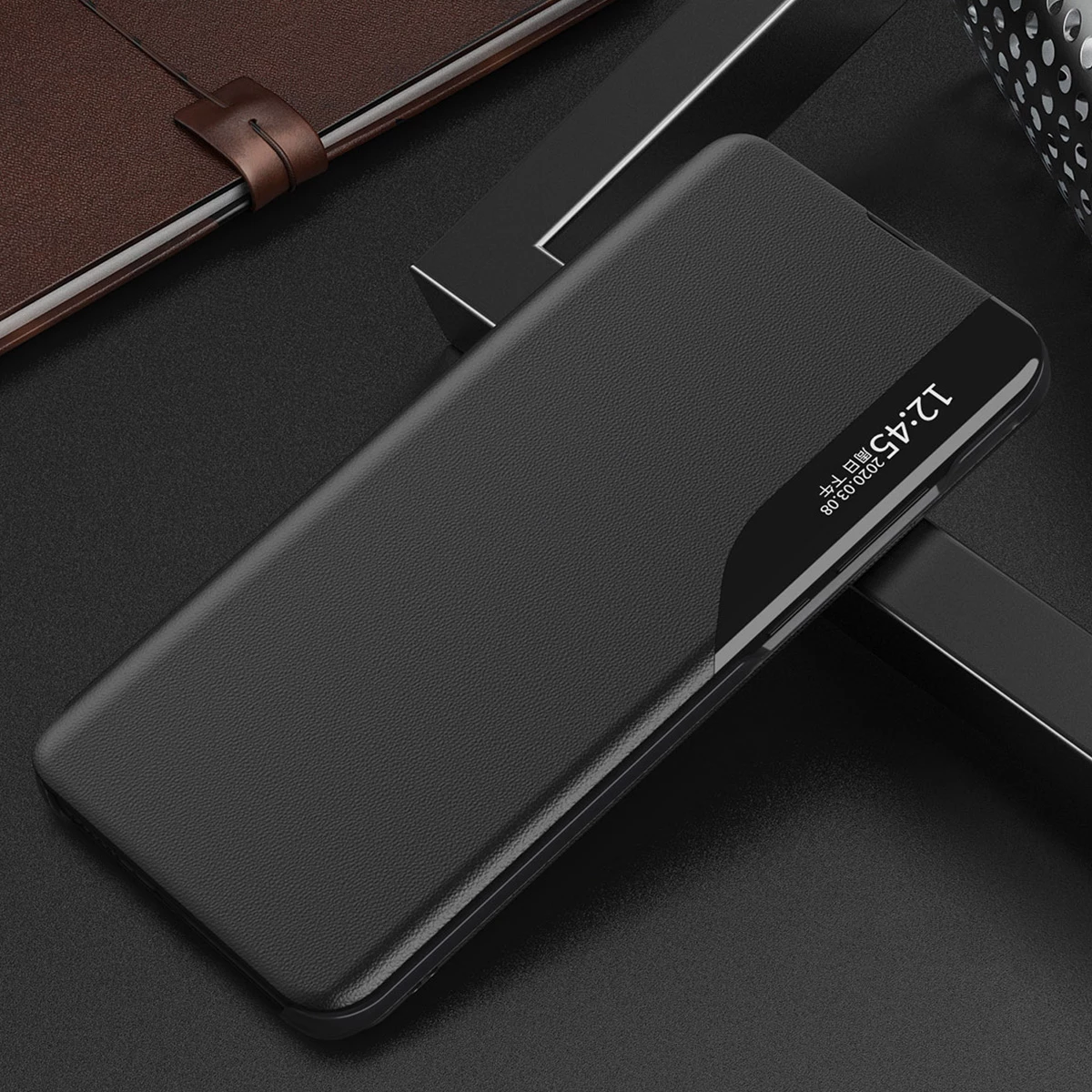 Mbështjellës Hurtel Eco Leather View Case për Samsung Galaxy S23+, i zi