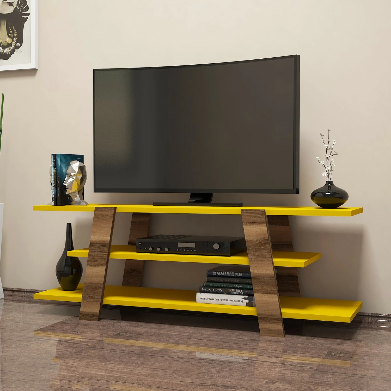 Komodë TV Hanah Home, ngjyrë dru arre dhe e verdhë