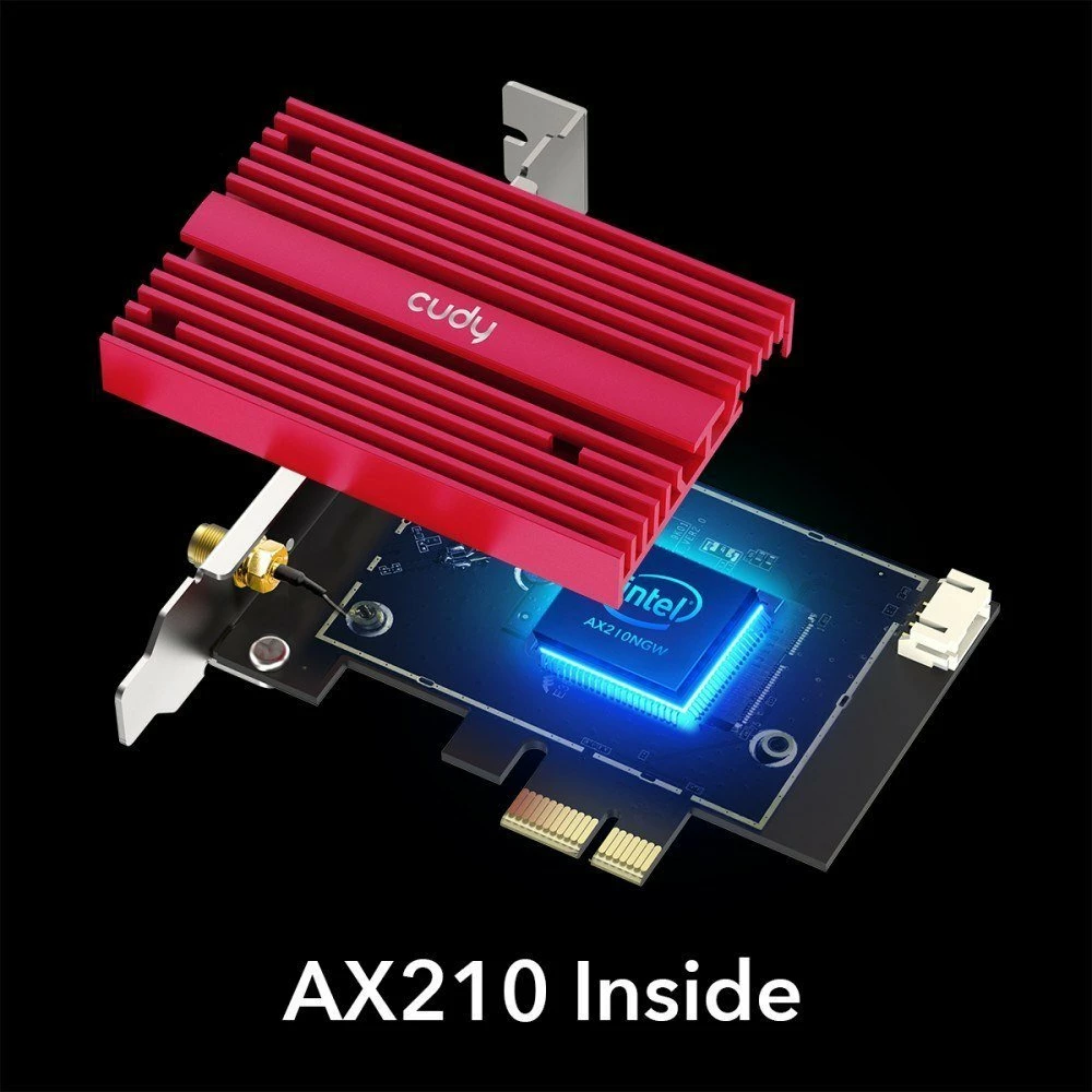 Kartelë rrjeti Wi‑Fi PCIe Cudy WE4000 Wi‑Fi 6E AX210 5400 Mb/s Bluetooth 5.2, kuq/zi, set me 2 antena