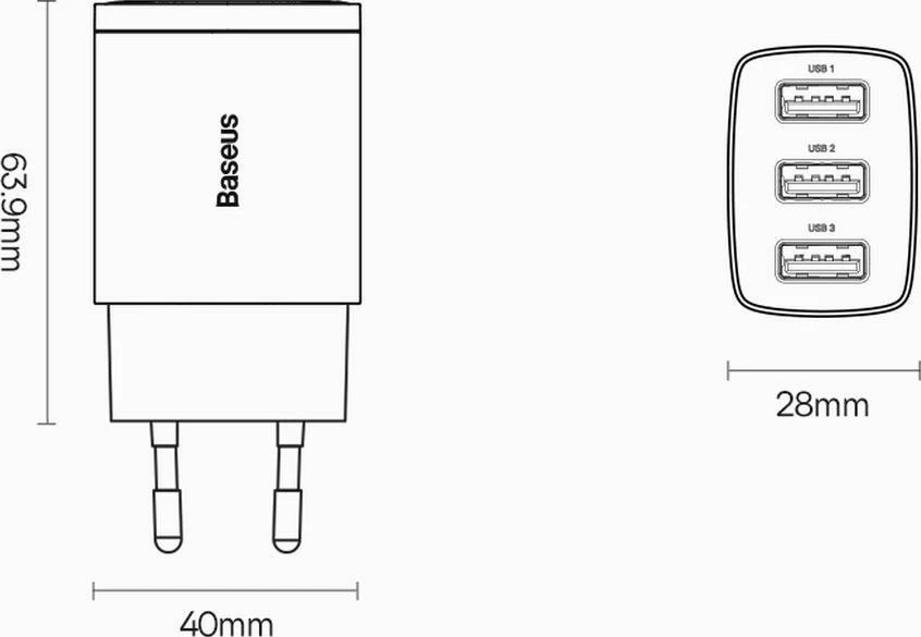 Karikues muri Baseus CCXJ020102 3x USB-A 17W 3.4A, i bardhë, 1 copë
