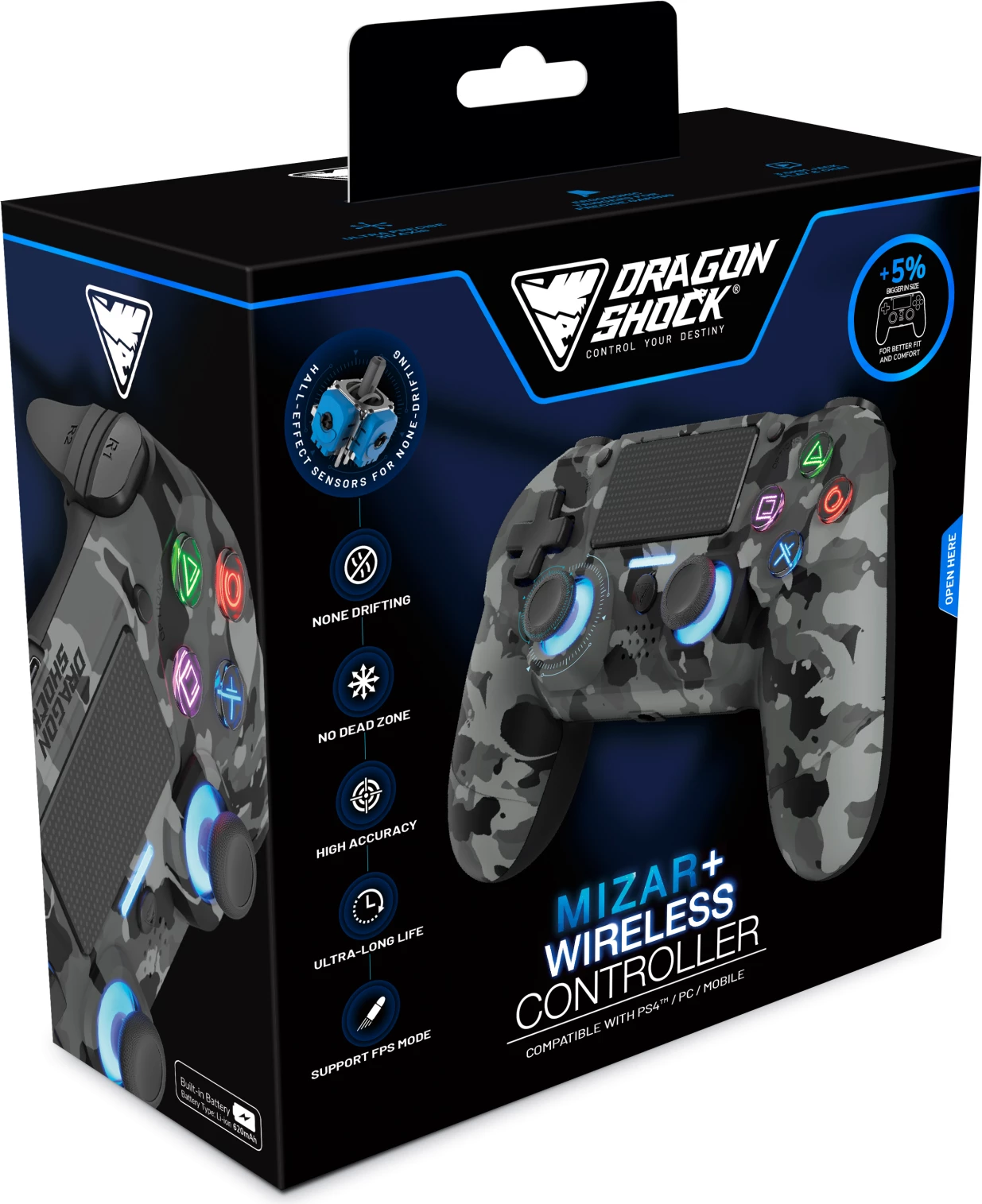 Kontroller wireless DragonShock MIZAR+ për PS4/PC/Mobile, Hall-Effect, gri camo