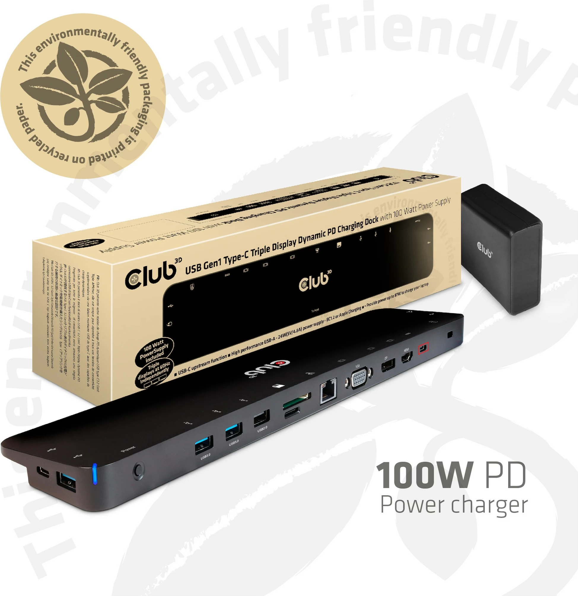 Docking station Club3D ChargingDock USB-C 3.2, 7xUSB/DP/HDMI/LAN/Audio, 100W, e zezë
