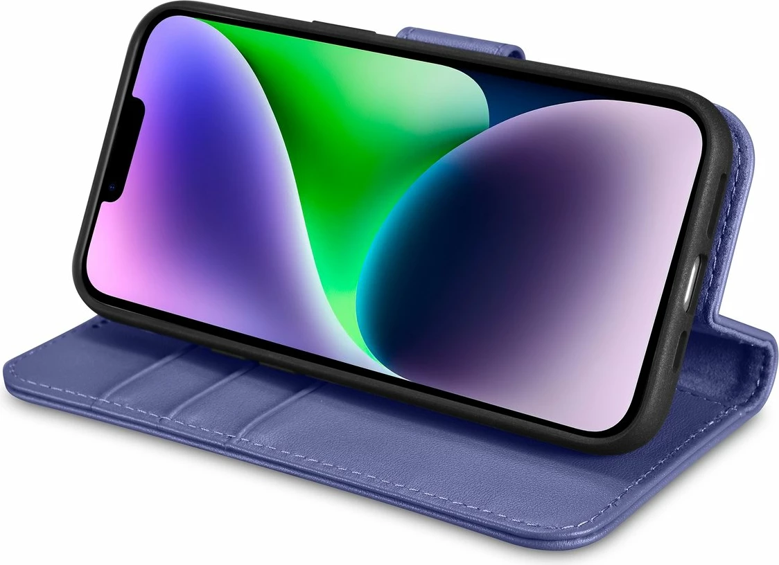 Mbështjellës iCarer Wallet Case 2in1 për iPhone 14 Plus, lëkurë natyrale, Anti-RFID, Vjollcë e çelët