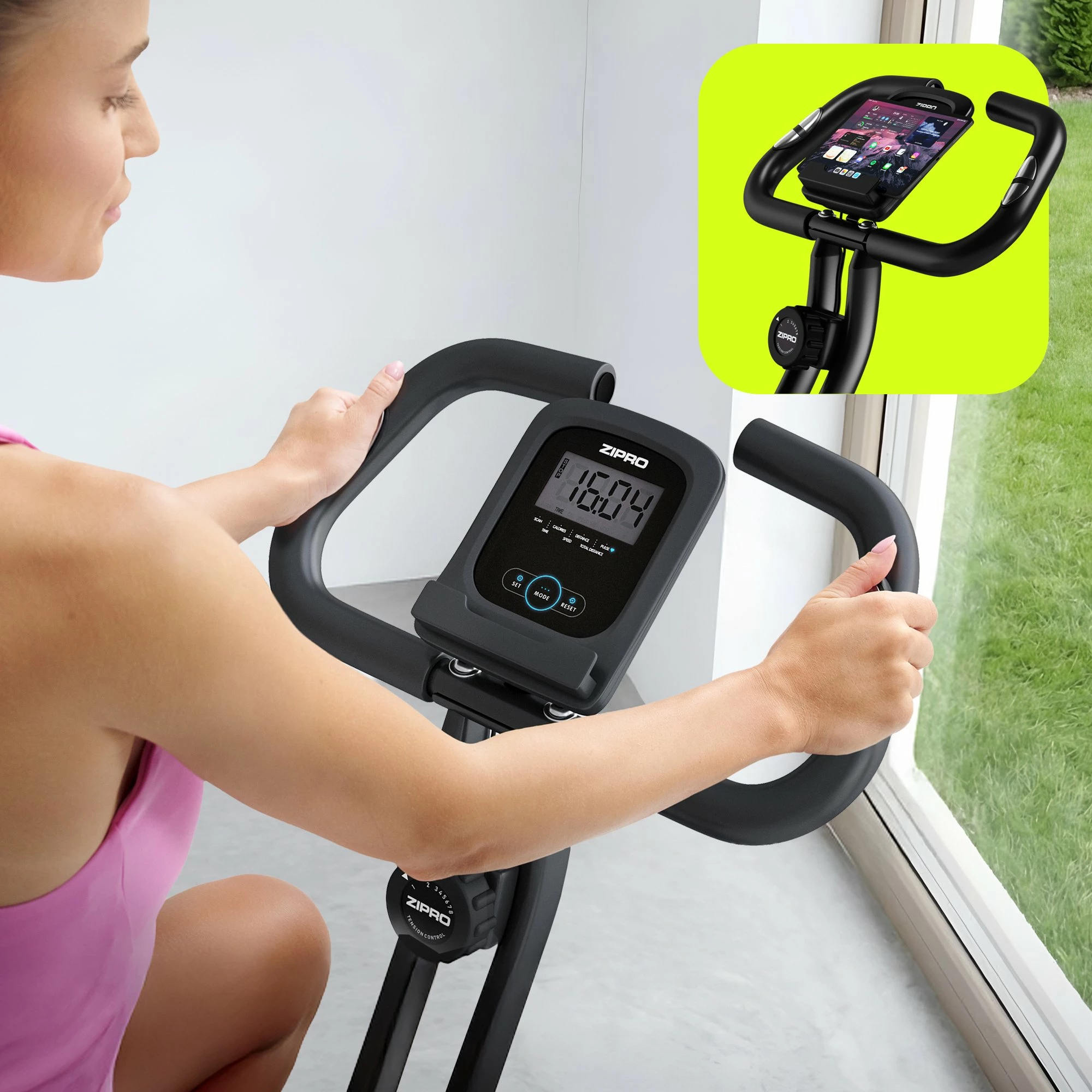 Biçikletë statike Zipro Future X, rezistencë magnetike 8 nivele, e palosshme vertikale, max 110 kg, e zezë