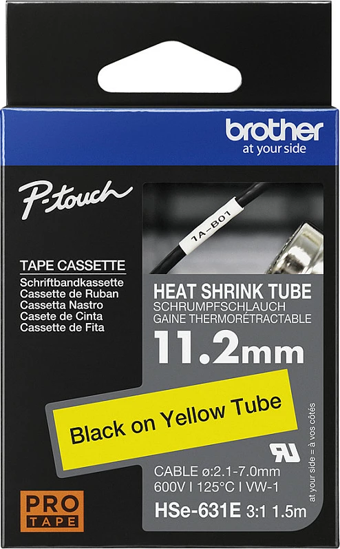 Kasetë tub termokurrës Brother HSe-631E, 11.2mm, 1.5m, Black on Yellow, e verdhë