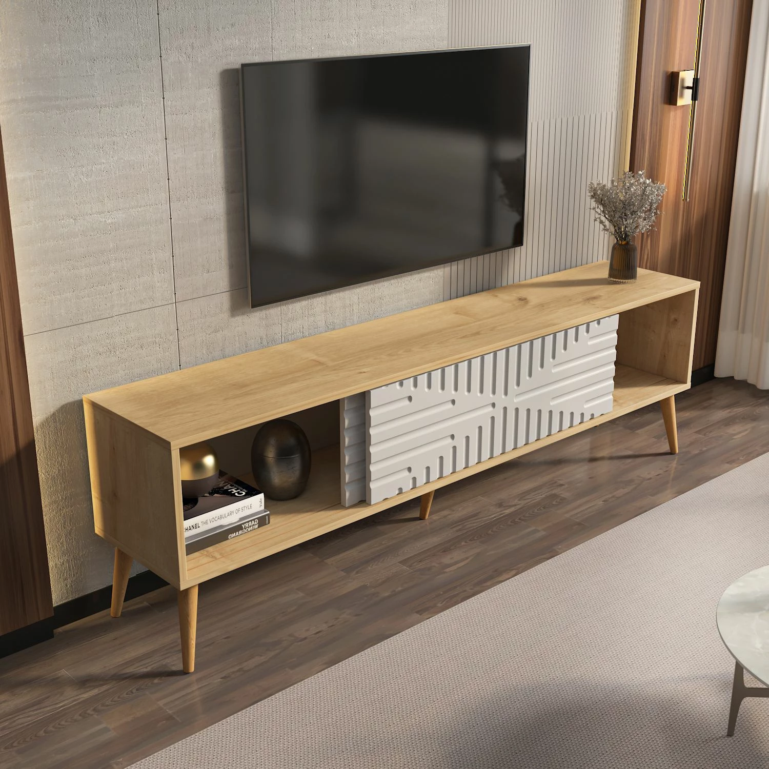 Komodë TV Skye Decor, ngjyrë lis safir dhe e bardhë