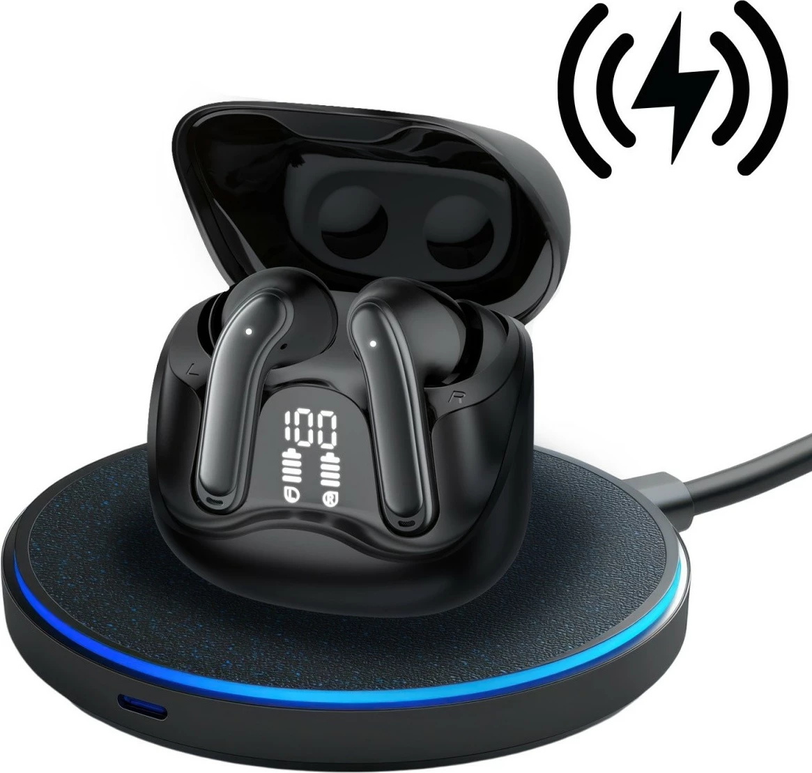 Kufje wireless Audiocore AC591 PRO me ANC/ENC, 6 mikrofona, Bluetooth 5.4, kuti karikimi USB‑C, e zezë