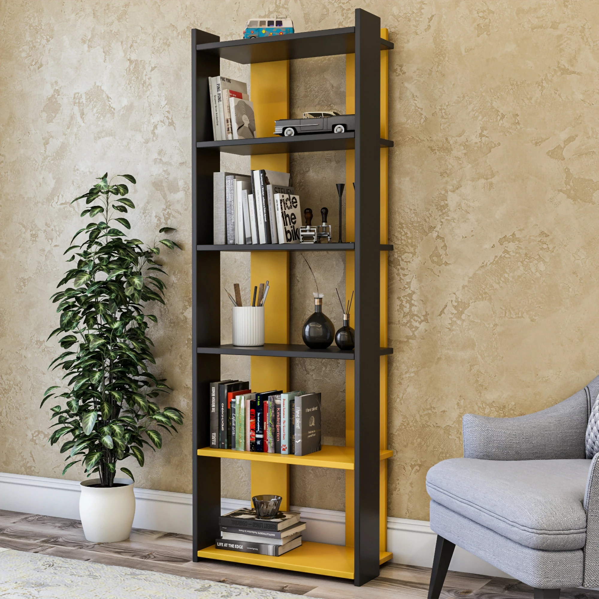 Raft librash Hanah Home, ngjyrë antracit dhe e verdhë, Sakran