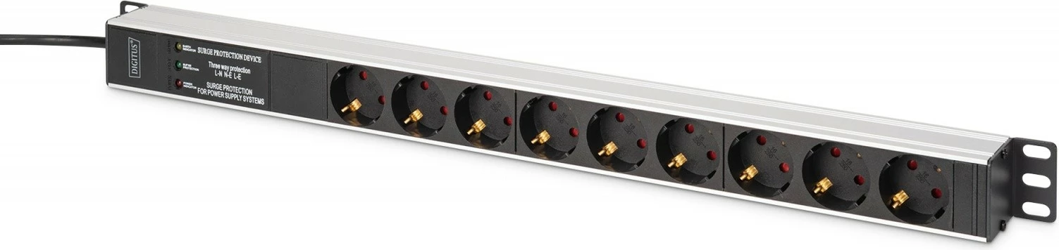 PDU listë rryme rack Digitus DN-95438, 9 prize Schuko (45°), 1U, 620 mm, mbrojtje nga mbitensioni + filtër EMI/RFI, kabllo 2 m, 16A, alumini, e zezë/argjendtë